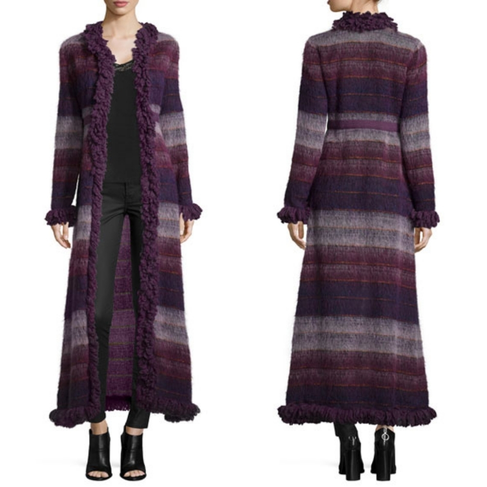 Anna Sui Brushed-Wool Gauze Striped Duster with Pockets Cardigan Coat